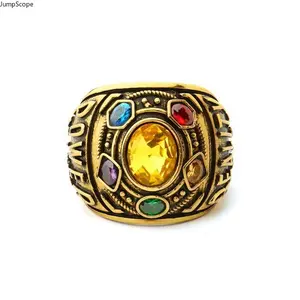 Antique Gold Plated  Men Statement Ring,Six Multicolor Cubic Zirconia,Casual Styling & Geek Gift Giving