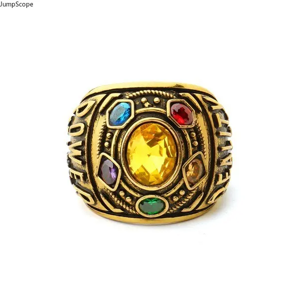 Antique Gold Plated  Men Statement Ring,Six Multicolor Cubic Zirconia,Casual Styling & Geek Gift Giving