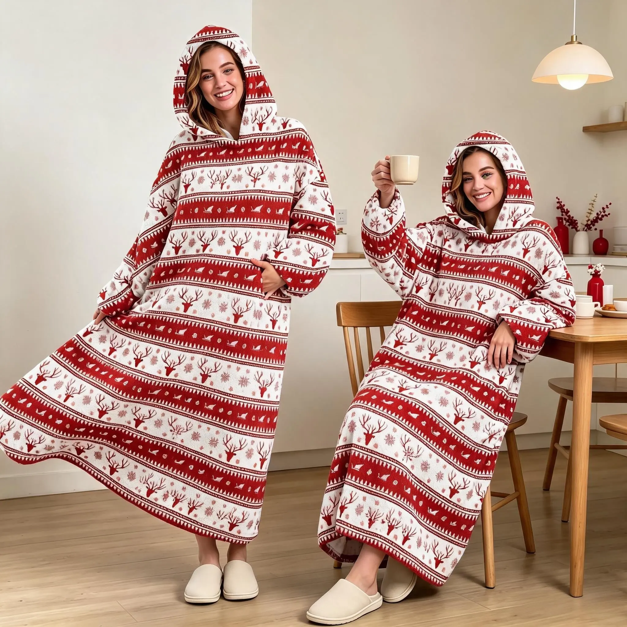 1pc Flannel Hooded Wearable Blanket, Retro Striped Reindeer Christmas Print, Loose Fit with Pockets, Home Wrap, Holiday Gift