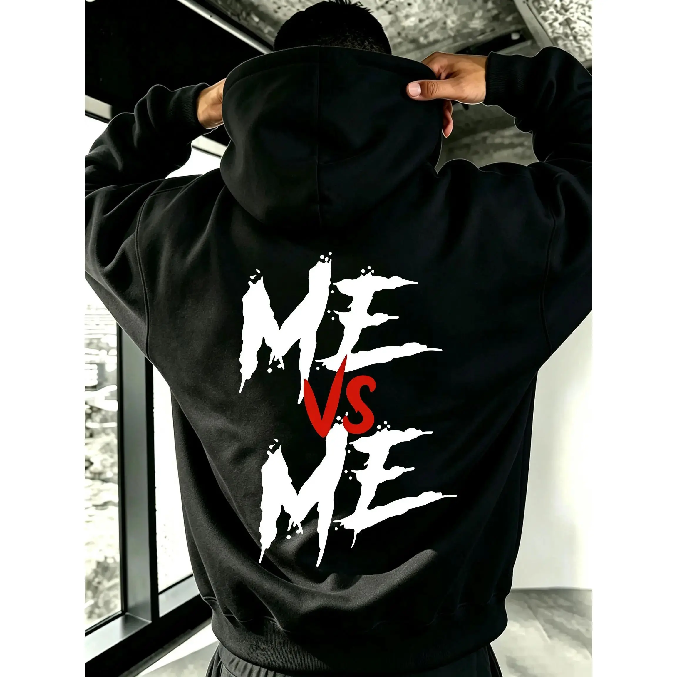 "Me Vs Me" Graphic Double-Sided Print Hoodie Featuring Ink Brush Strokes And Motivational Slogans, Relaxed Drop-Shoulder Sweatshirt,Sohochic