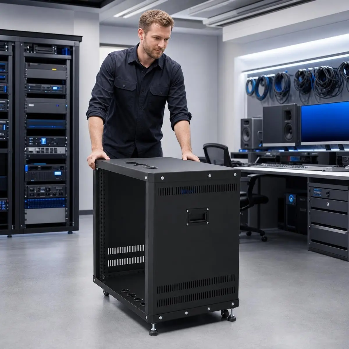 9/12U Heavy-Duty Rolling Open Frame Equipment Rack, Black, 19" AV/IT Server Rack with Caster Wheels, Round & Square Mounting Holes, Built-in Handles