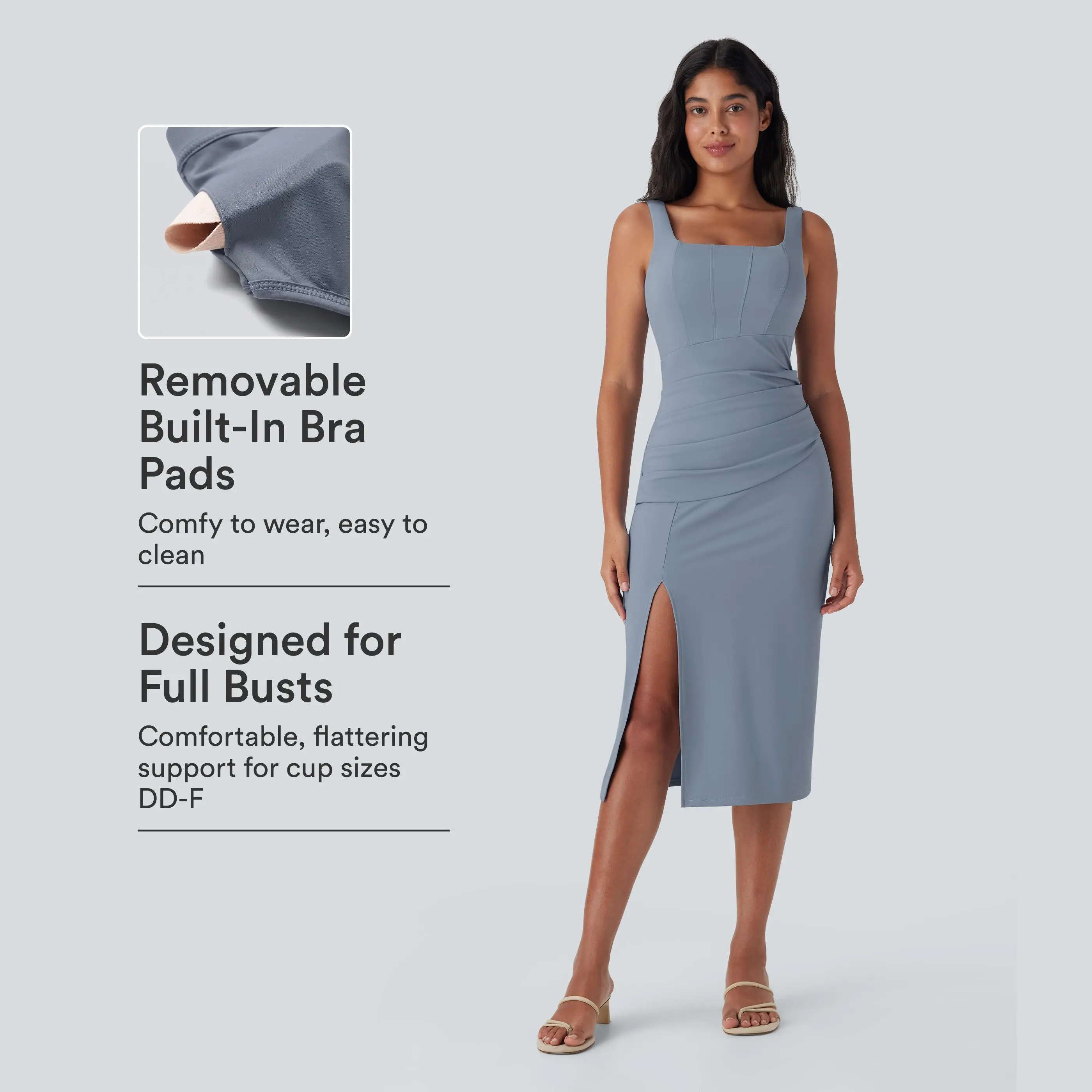 Halara SoftlyZero™ Airy Square Neck Corset Ruched Bodycon Midi InstantCool Dress DD-F Cups