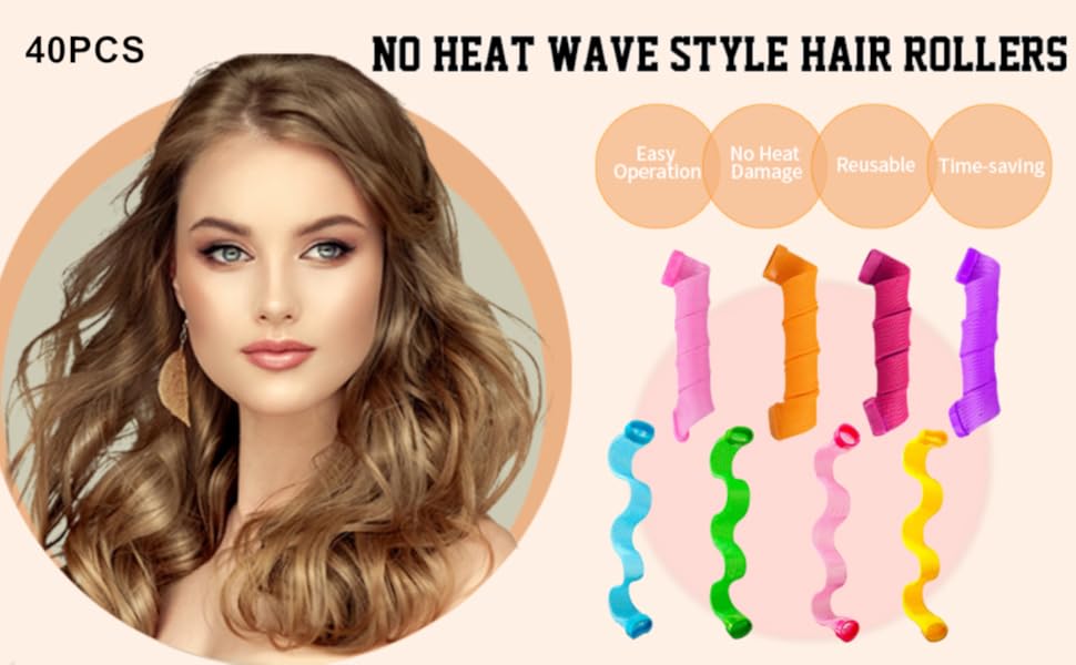 40PCS Hair Curlers Heatless Wave and Spiral Two Styles Formers(16inches) with 4PCS Styling Hooks Magic Hair Rollers No Heat Damage for Women and Kids’ Short and Medium Hair (16inch)