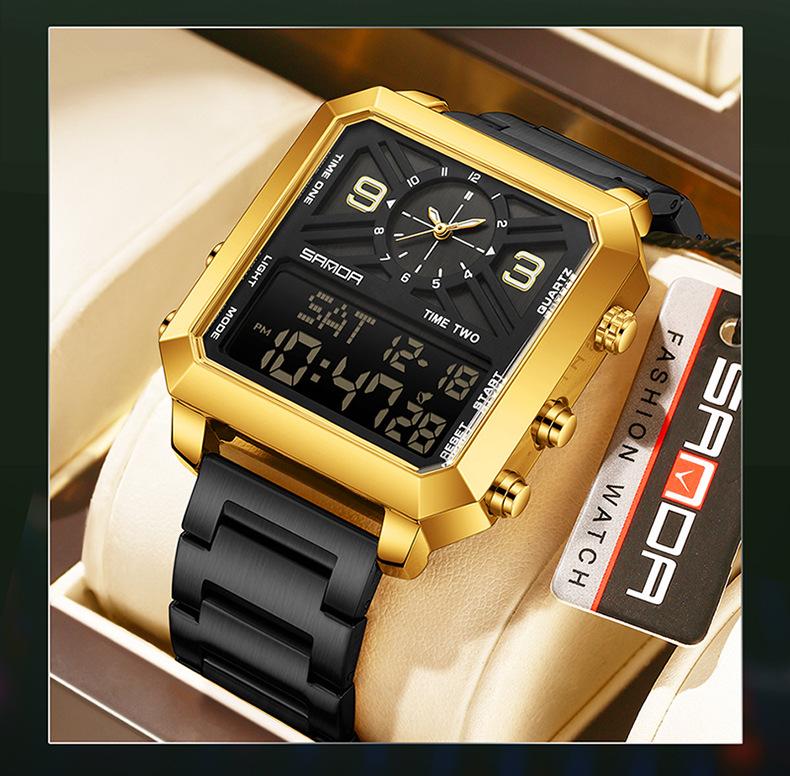 "Women’s Steel Band Watch with Dual Display, Multi‑Function Countdown & Everyday Water Resistance"