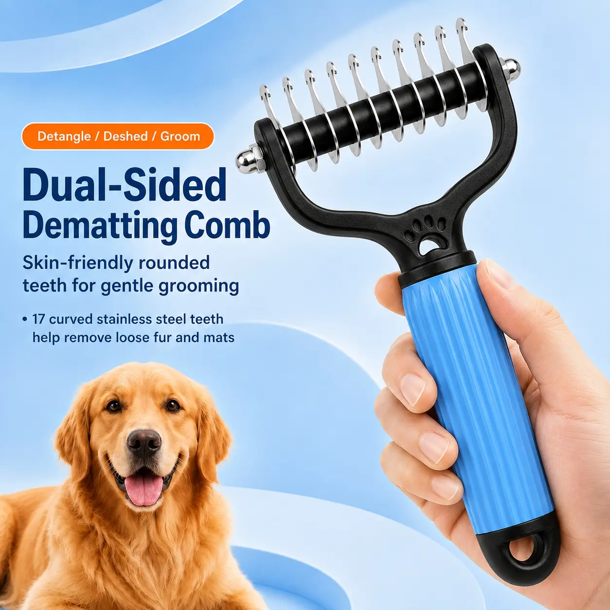 Dual-Sided Pet Dematting Comb for Dogs and Cats, 9 & 17 Tooth Undercoat Grooming Rake for Removing Mats, Knots, Tangles and Loose Hair
