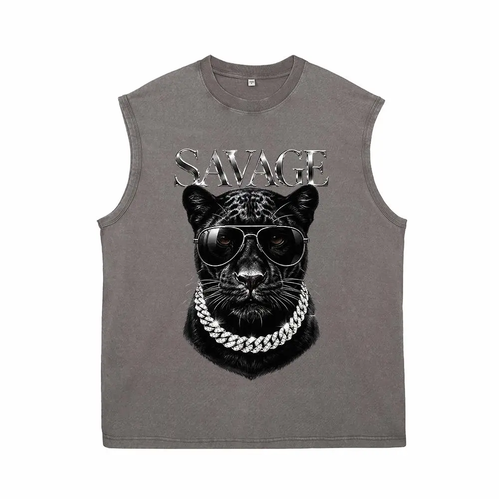 Men's Pure Cotton Sleeveless Vest - Savage Panther Print, Black Jaguar Graphic, Urban Wild Cat Design, Modest, Basic, Casual, All Seasons, Hip Hop Summer Party Wear for Street Style Enthusiasts