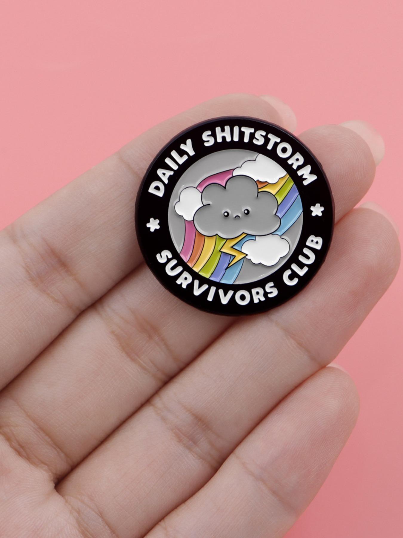 Rainbow Cloud Badge DAILY SHITSTORM SURVIVORS CLUB, Dark Humor Lightning Rainbow Design, Stress Relief Gift for Office Workers