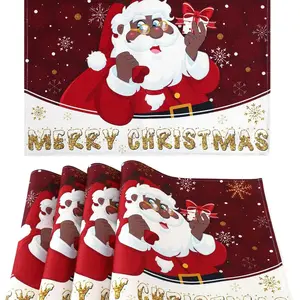 2D flat printing, 2-piece/4-piece/6-piece/8-piece set of African American Christmas placemats, black Santa Claus Christmas table mats, Merry Christmas kitchen, Christmas parties, winter home decor