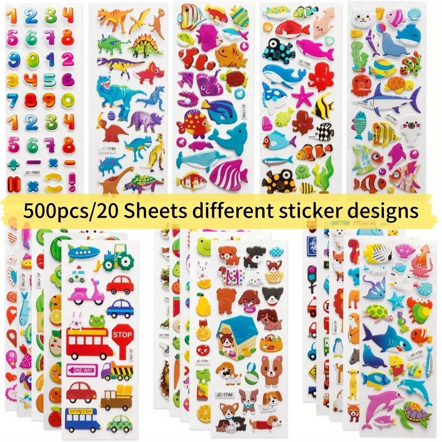500pcs/20 sheets 3D Stickers for Kids & Toddlers Bulk Preschool Sticker Sheets for Reward, Craft,Puffy Stickers Variety Pack with Animals, Numbers, Fruits, Fish, Dinosaurs, Cars & More for Scrapbooking Sticker Set