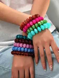 9Pc Candy Color Resin Beaded Bracelet for Women, Summer Stackable Stretch Bracelets Set - Bold Boho Vacation Jewelry (Acrylic/Resin Material, Swirled/Marble Pattern Beads, Chunky Rondelle Shape)