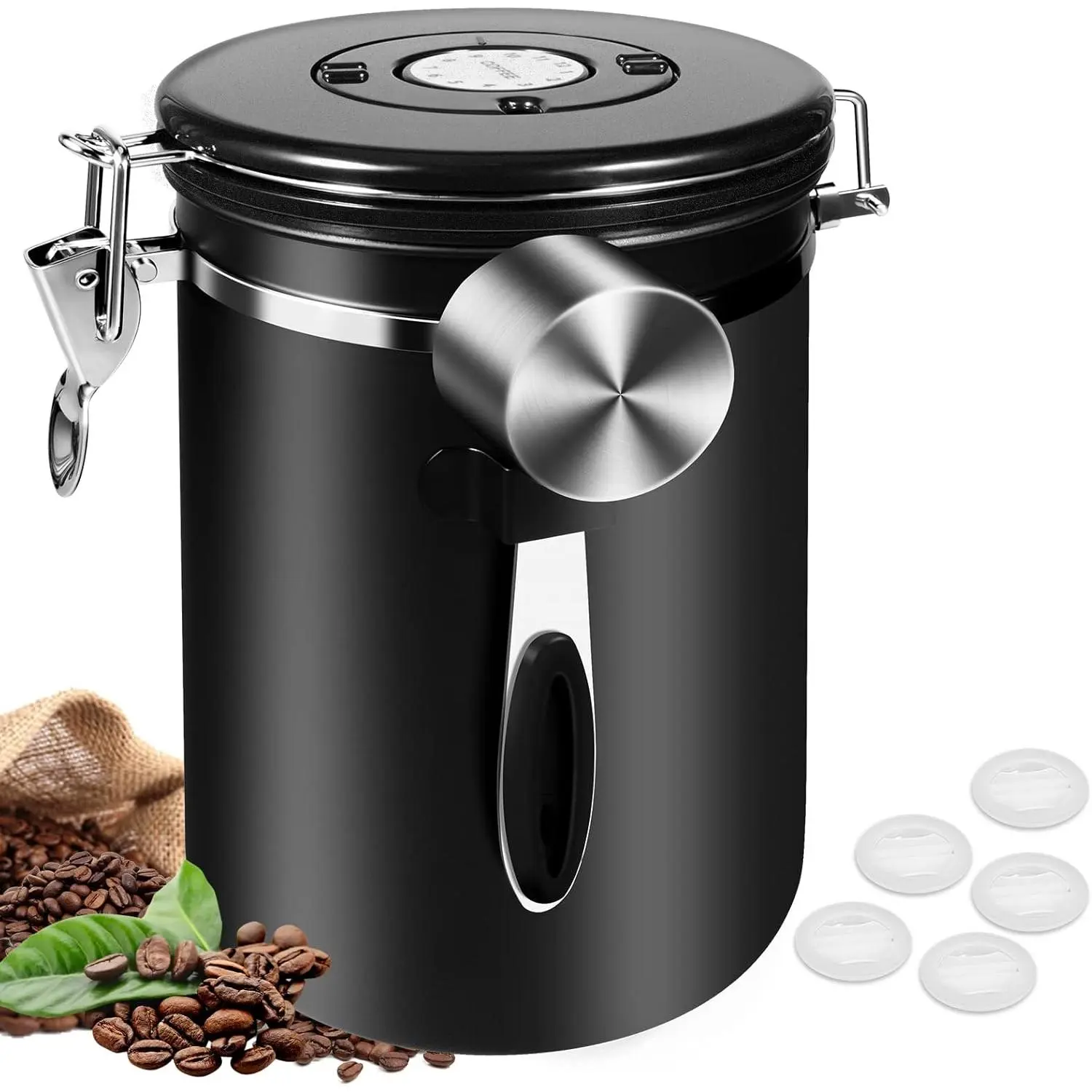 Airtight 35OZ Large Coffee Canister Stainless Steel Coffee Storage Jar with Scoop Date Tracker and CO2 Release Valve for Beans Ground Tea Flour Sugar 2.8L