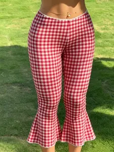 Fashion Plaid Capri Pants with Lace Trim, Mid Waist Cropped Leg, Unlined Plain Surface, Women's Casual Seven-Eighths Pants