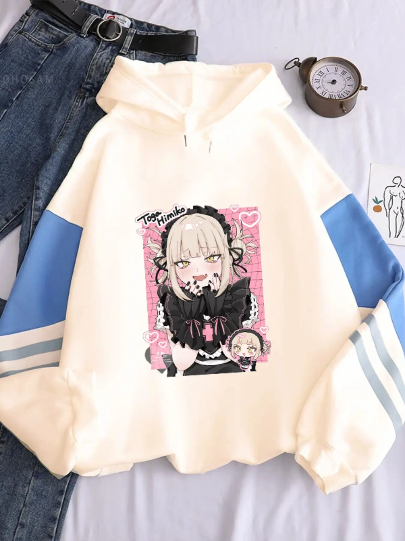 My Hero Academia Deku Heart Pattern Reflective Long Sleeve Fleece Hoodie, Casual Loose-Fit Fall & Winter Sweatshirt