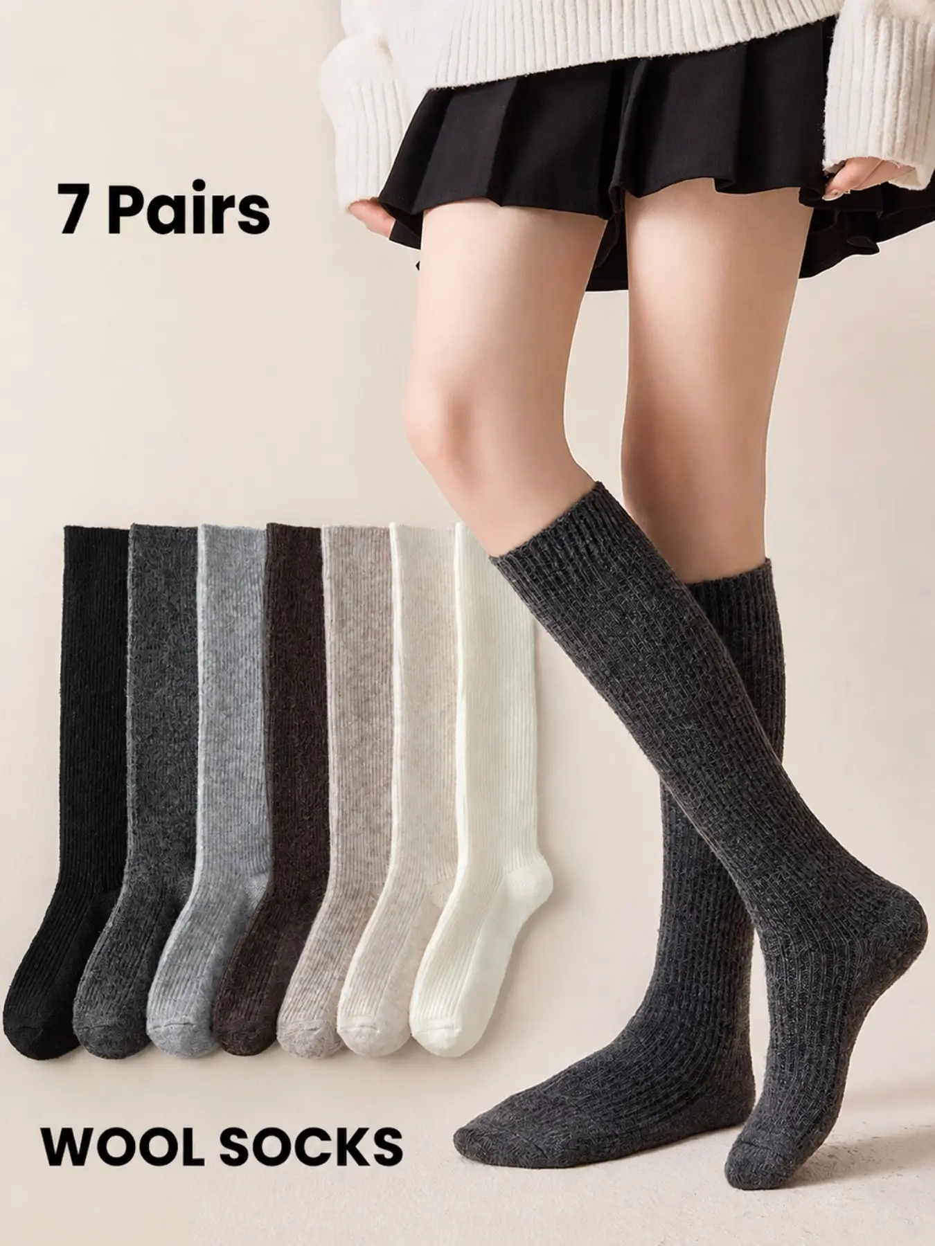 7Pair Women's Knee,High Socks, Multi,Color Wool Blend, Warm & Fashionable Retro Style Tall Socks For Women, Suitable For Daily Wear In Autumn/Winter, Cozy Socks