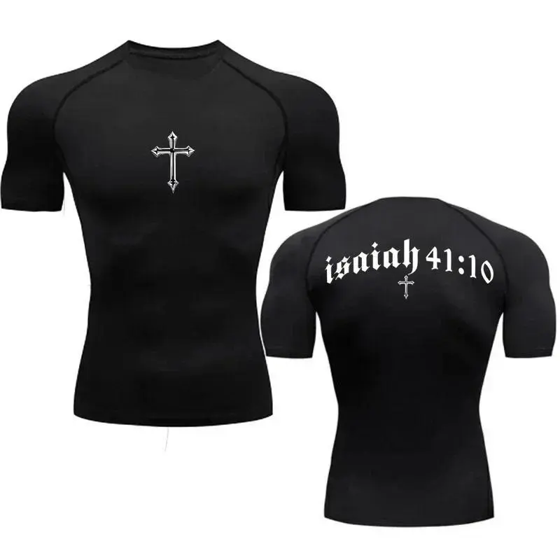Men's Compression T-Shirt Base - Bible Cross Jesus Christ Graphic, Quick-Dry Male Adult Gym Wear Baselayer Rash Guard, All Seasons Athletic Workout Top
