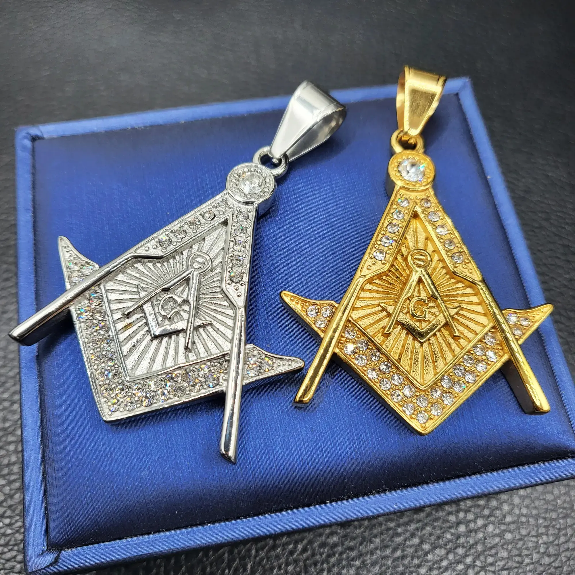 Men's Masonic Hip Hop Pendant, Iced Out Stainless Steel with Cubic Zirconia Stones, Fits up to 6mm Chain, 50x40mm, Male, Cubic Zirconia Decor, Attention-Grabbing Cubic Zirconia Decor