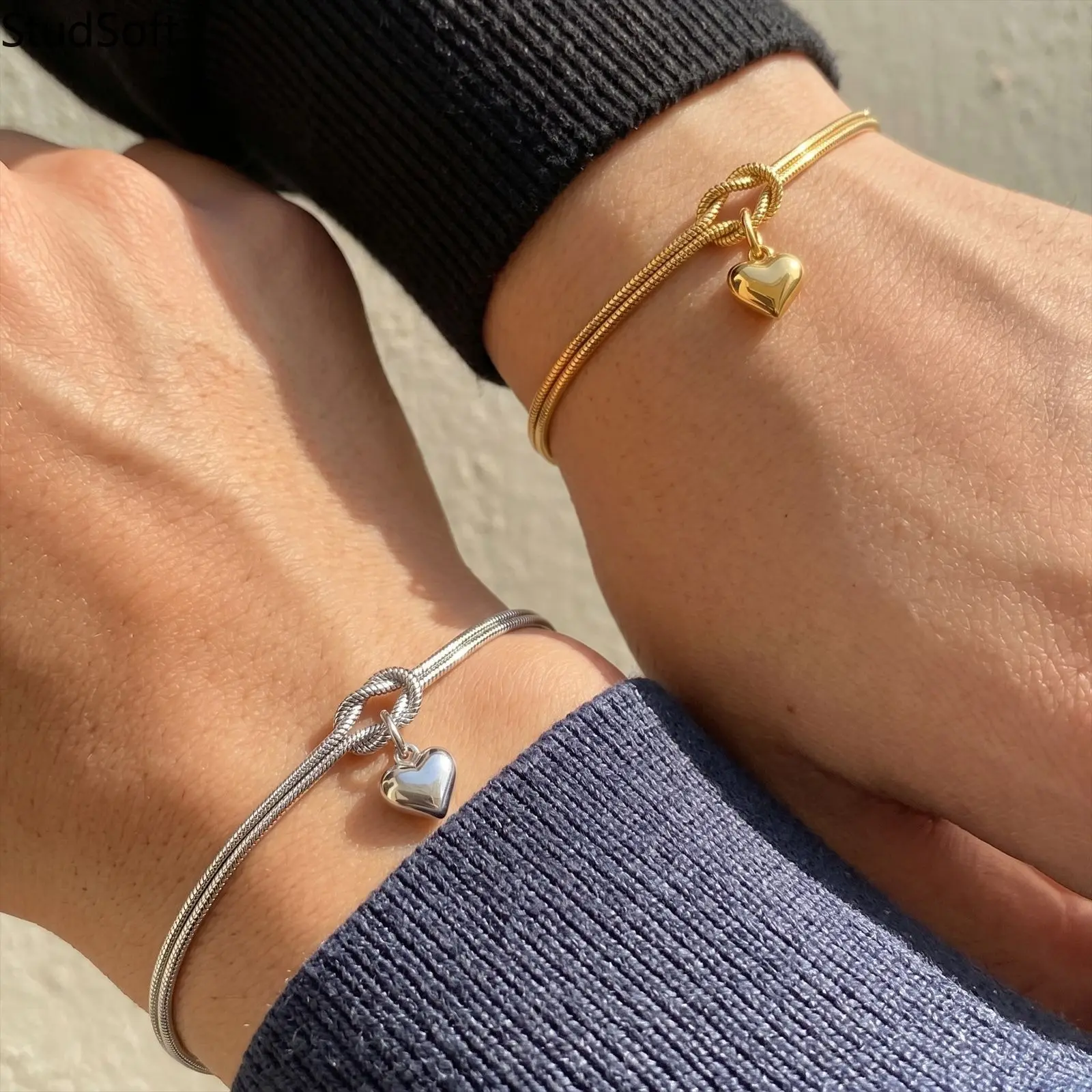 Gold Silver Snake Chain Bracelet Birthday Anniversary Gift Puffy Heart Pendant Romantic Love Knot Charm Friendship Couple Bangle for Women Men,back to school,back to school haul