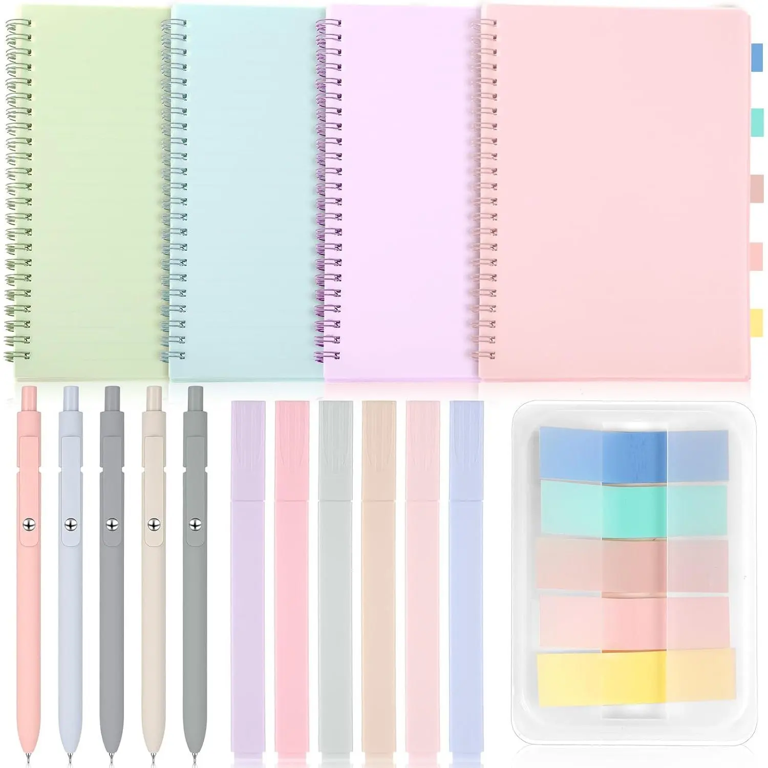 16 count Cute Kawaii Notebooks A5 Lined Journal Notebook Includes 4 Colorful Spiral Notebook 5 Retractable Gel Pens 6 Aesthetic Pastel Highlighters 1 Sticky Index Tabs (Cute Color)
