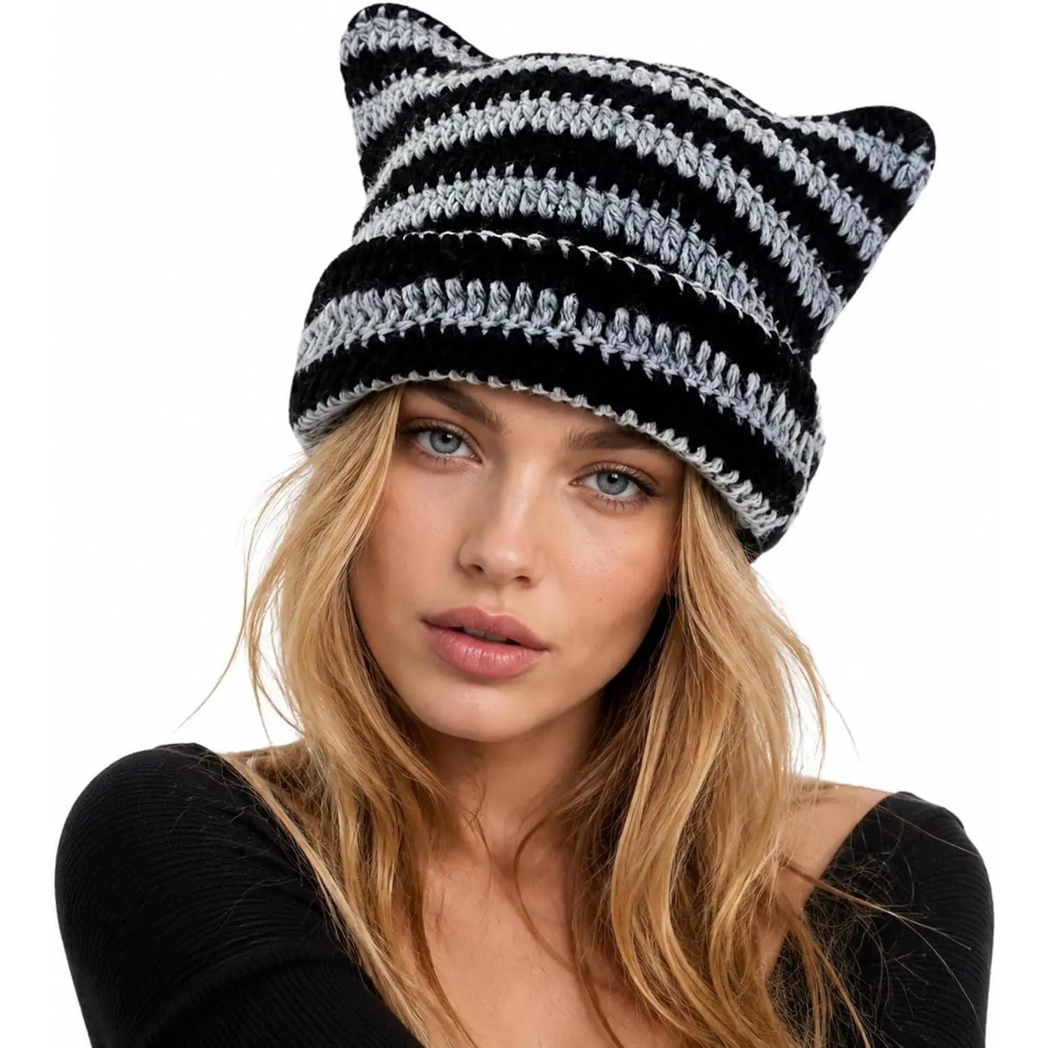 Crochet Hat for Women Cute Beanie Hat Cat Ears Cap Four Seasons Handmade Knitted Kawaii Slouchy Mixed Color