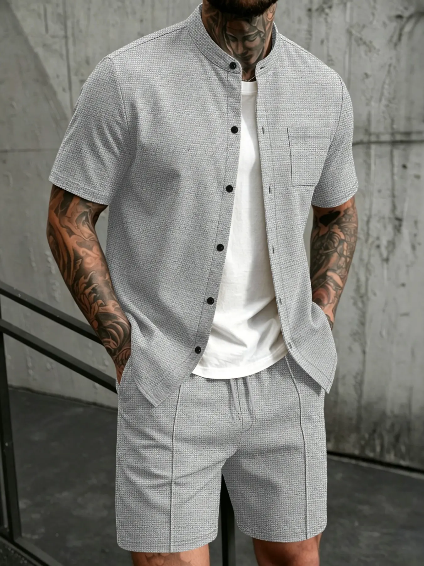 Men's 2-Piece Set, Solid Color Textured Small Grid Stand Collar Short Sleeve Shirt, Single Pocket Button Open Cardigan + Drawstring Waist Shorts, Casual