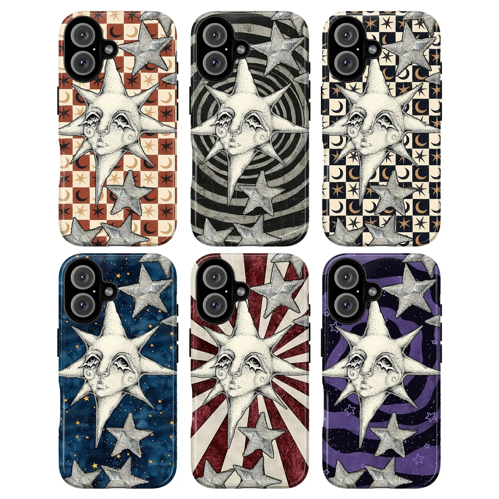 Celestial Star Face Shock-Absorbing Phone Case, Vintage Moon Surreal Cosmic Art Design, Baddie Aesthetic Fashion Gift, Compatible with iPhone 11-17 Pro Max/Plus, Samsung Galaxy S23-25