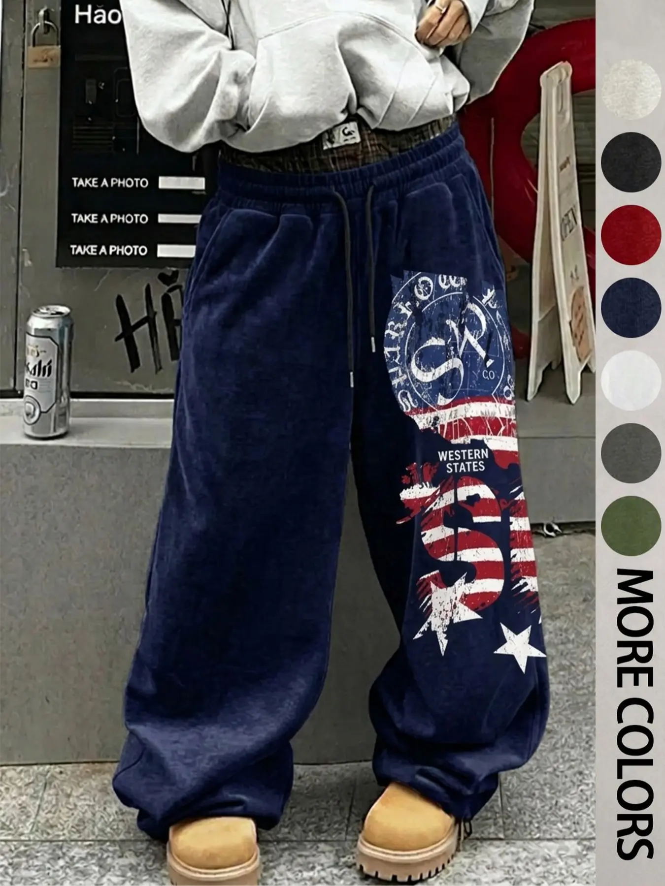 Men's American Vintage Ripped Flag Pattern Sweatpants with Drawstring Waist, Loose Fit Street Style Casual Trousers in Multiple Colors for Back to School and Teacher's Day