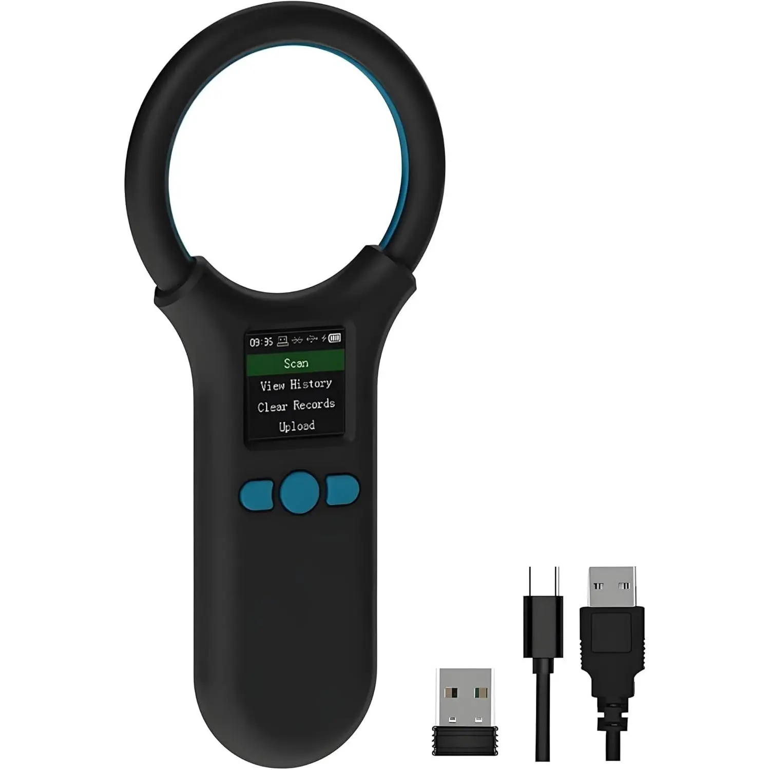 Pet Microchip Scanner, Animal Universal Microchip Tag Reader Scanner with 1.44” TFT Screen, 500 Pieces Data Storage, 800mAh Rechargeable Battery, 3-in-1 Connections