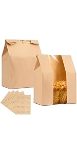 100 Pack Large Paper Bread Bags for Homemade Bread with Tin Tie Tab Lock,14" x 8.3" x 3.5" Sourdough Kraft Loaf Bag with Clear Front Window,Label Seal Sticker Included