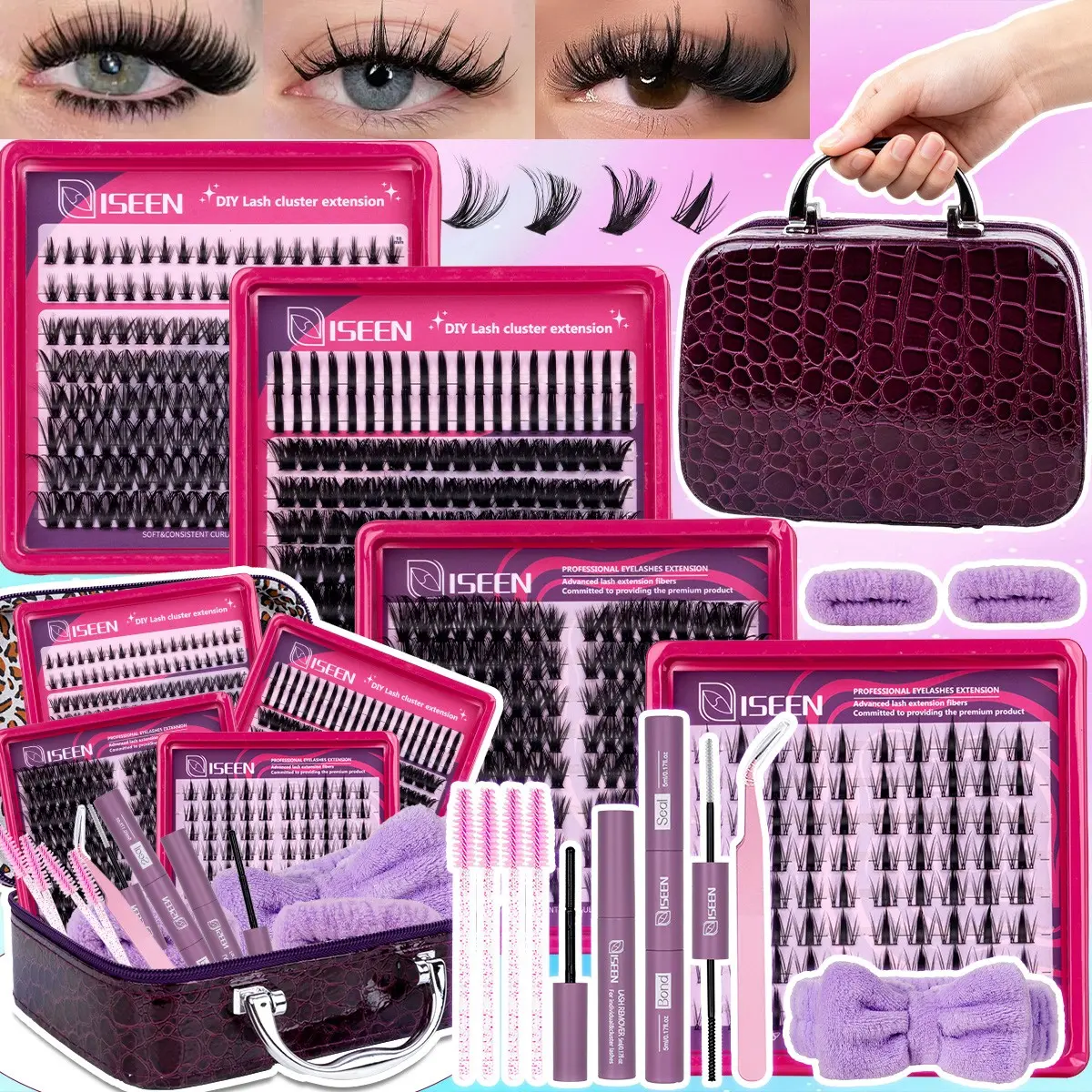 Lash Clusters Kit,6 Styles Mixed Length 60D‑100D Spiky & Bottom Individual Lashes, Portable Voluminous DIY Self Graft Eyelash Extensions Set with Handheld Makeup Bag, Tweezers, Lash Glue, Remover & Hairband, Professional Eye Makeup Gift for Women