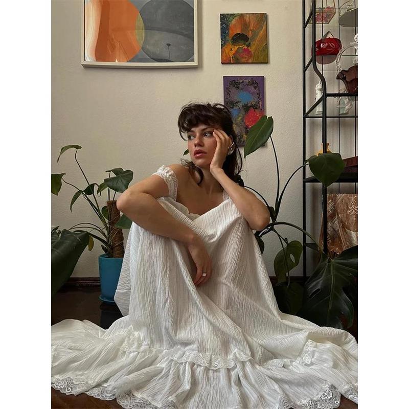 Women's Elegant White Tiered Cami Long Dress Lace Trim Ruffle Flowy Maxi Sundress Sleeveless A-Line High Waist Summer Dress