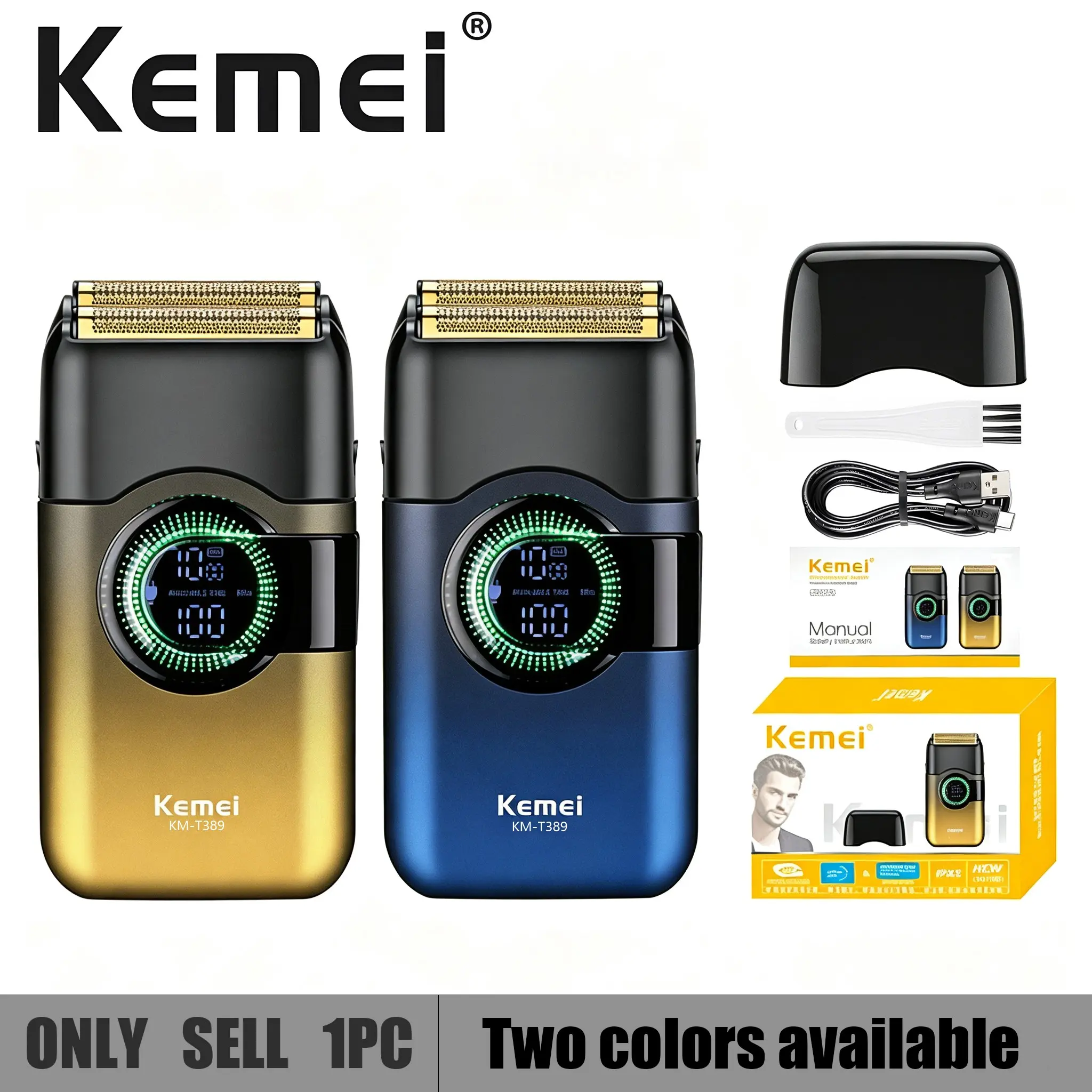 Essential Travel Shaver! Kemei Km-T389 Rechargeable Cordless Electric Razor, Men's Design, LED Time Display, Detachable Blade Head