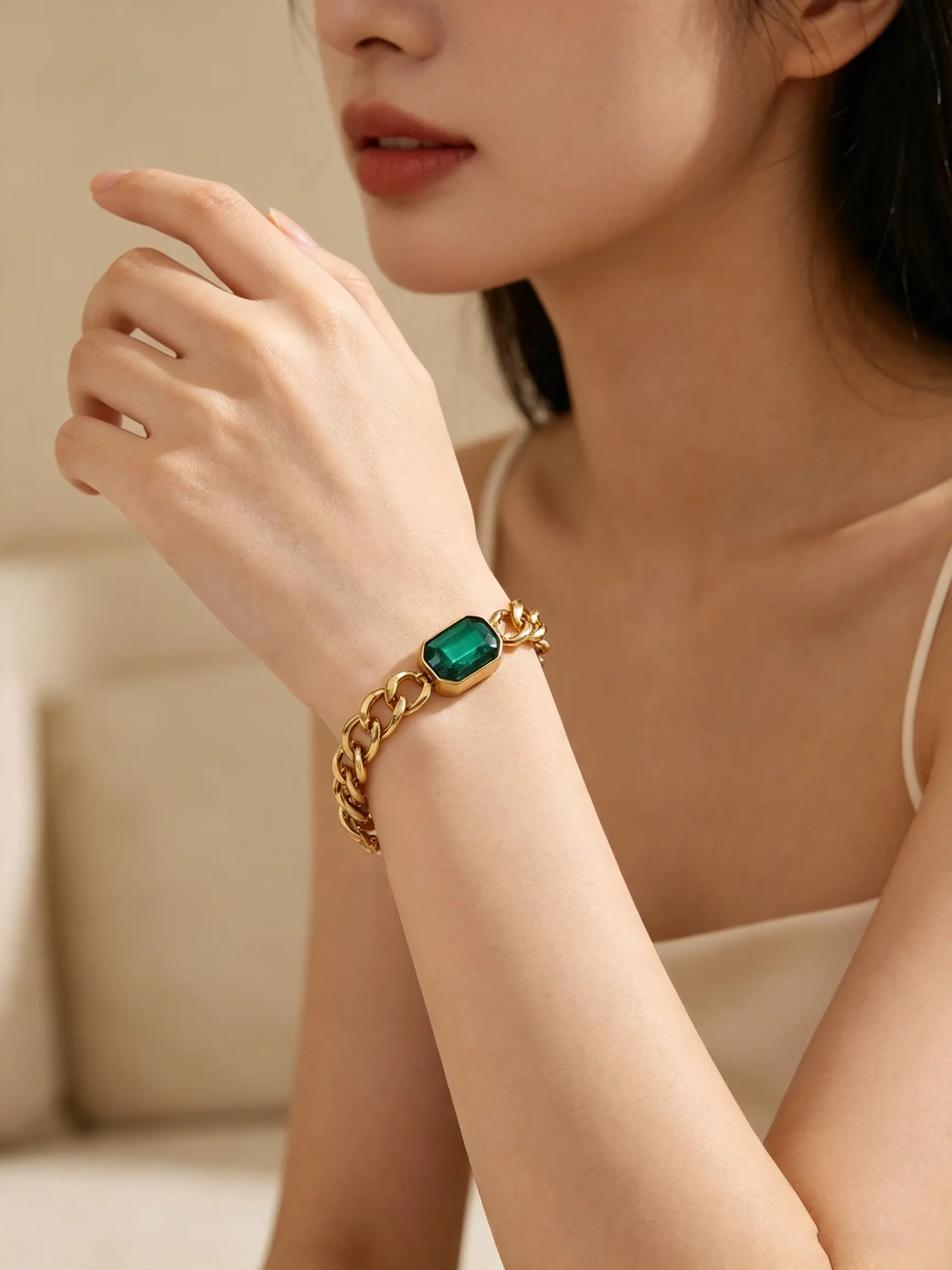 Elegant Vintage Emerald Crystal Cuban Chain Bracelet, Adjustable Stainless Steel Wristband, Luxury Jewelry Gift for All Occasions