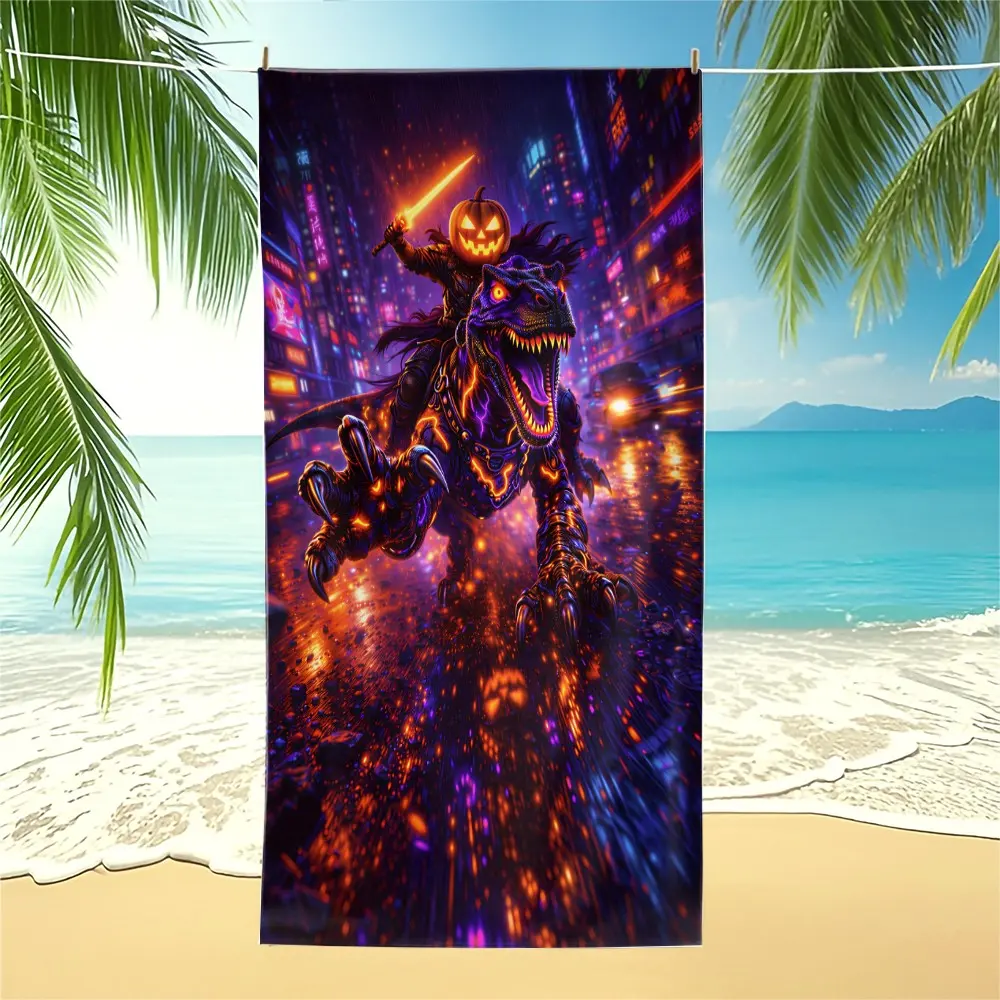 Tropical prehistoric dinosaur printed beach towel, made of sand-proof quick-dry fabric and machine washable. Versatile lightweight towel, ideal for beaches, swimming pools, camping and car trips.