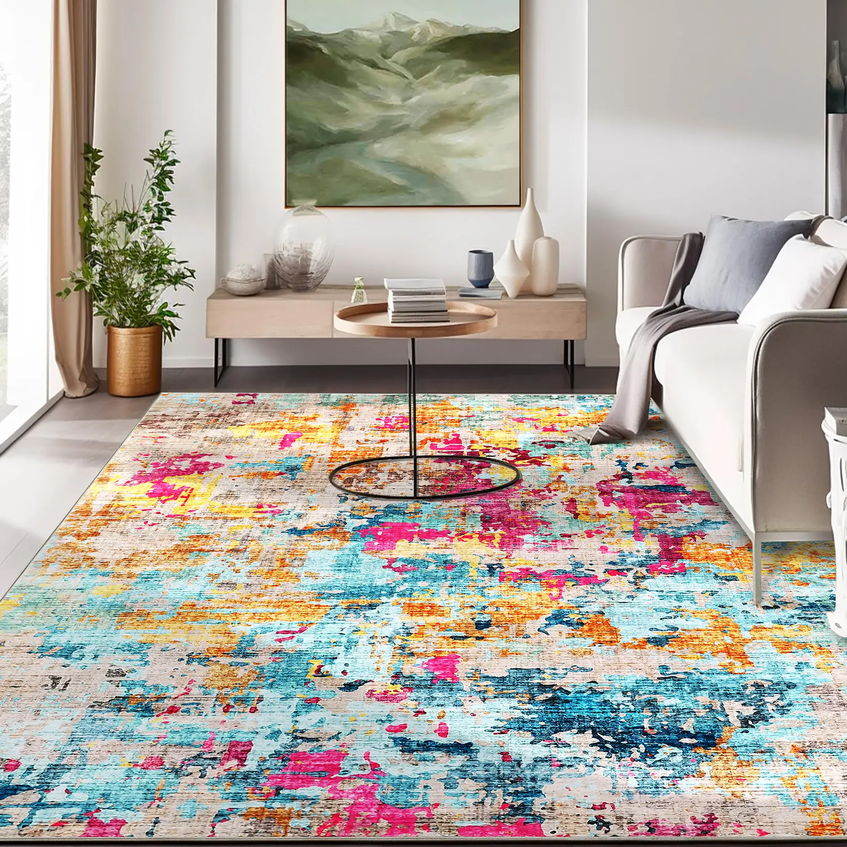 2x6 Washable Runner Rug, Abstract Mountain Stream Pearl Velvet Carpet with TPR Non Slip Backing, Thick Foldable Hallway Rug for Entryway Kitchen, Multicolor