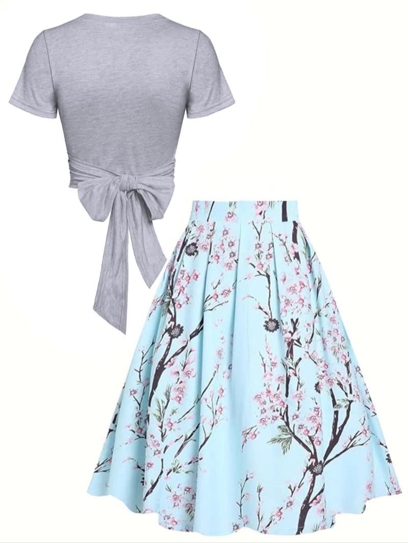Women's Plain Top & Floral Print High Waist Skirt Two-piece Set, Casual Fashion Cozy Top & Skirt for Daily Outdoor Wear, Ladies Outfits for Summer
