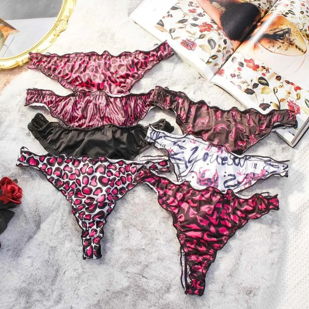 Women's 7-Pcs Seamless Ice Silk Low Waist Thong Underwear, Leopard Print, Cotton Crotch, Sexy Invisible G-String, Breathable Bikini Knickers for Daily Wear (Sports & Outdoor Accessories Compatible)