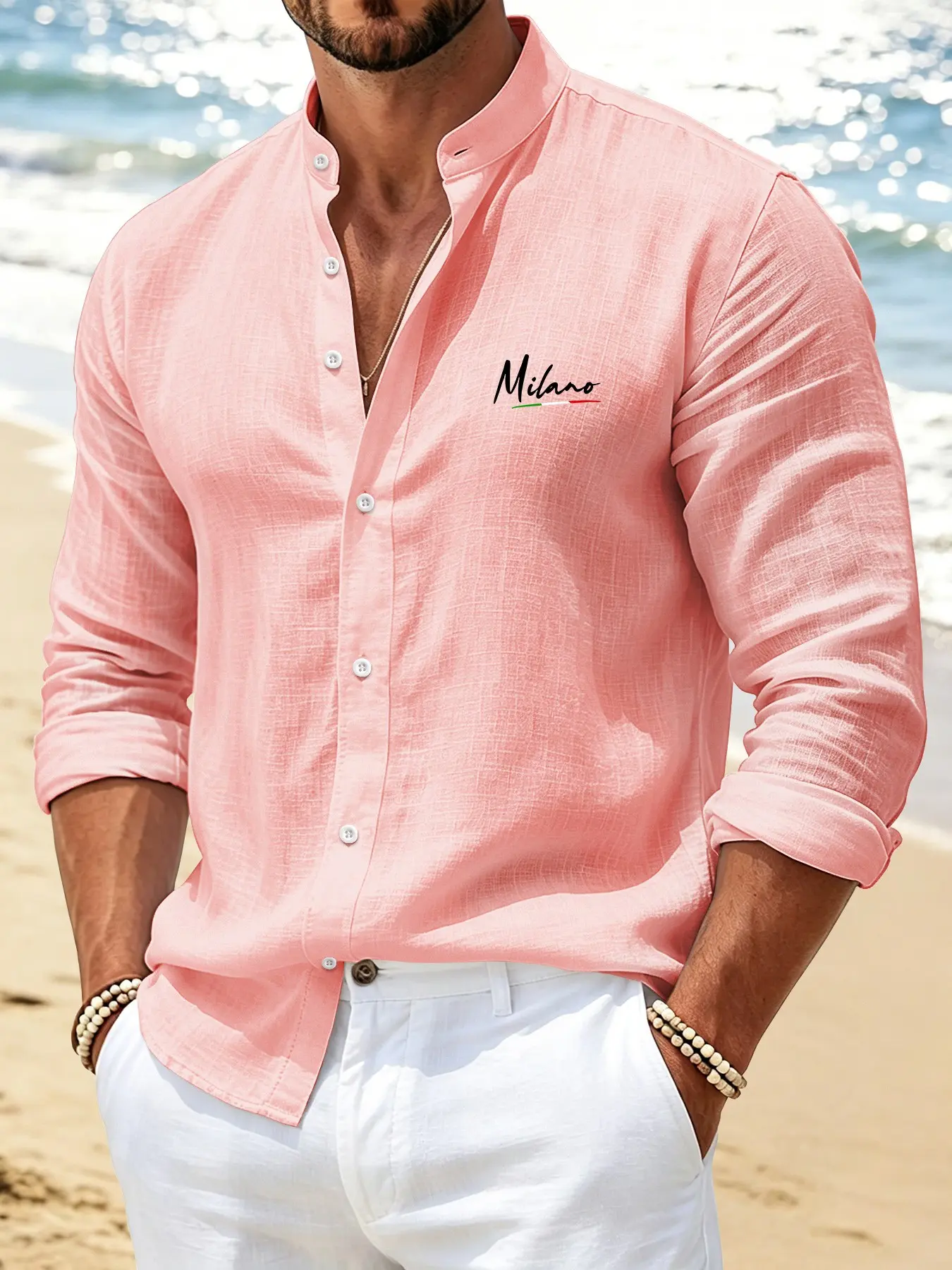 Men's Linen-Like Long Sleeve Casual Shirt with Geometric Milan Print for Spring and Fall Slim Fit Fashion Comfortable Daily Wear