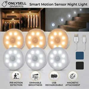 【Newly Upgraded】3/4/5/6pcs Smart Motion Sensor Night Light Indoor, 8 LEDs Wireless Sensor Light, Durable Material USB Rechargeable Sticky Magnetic Night Light, 3 Lighting Modes & Adjustable Brightness, Suitable for Wardrobe, Stair, Closet and Hallway