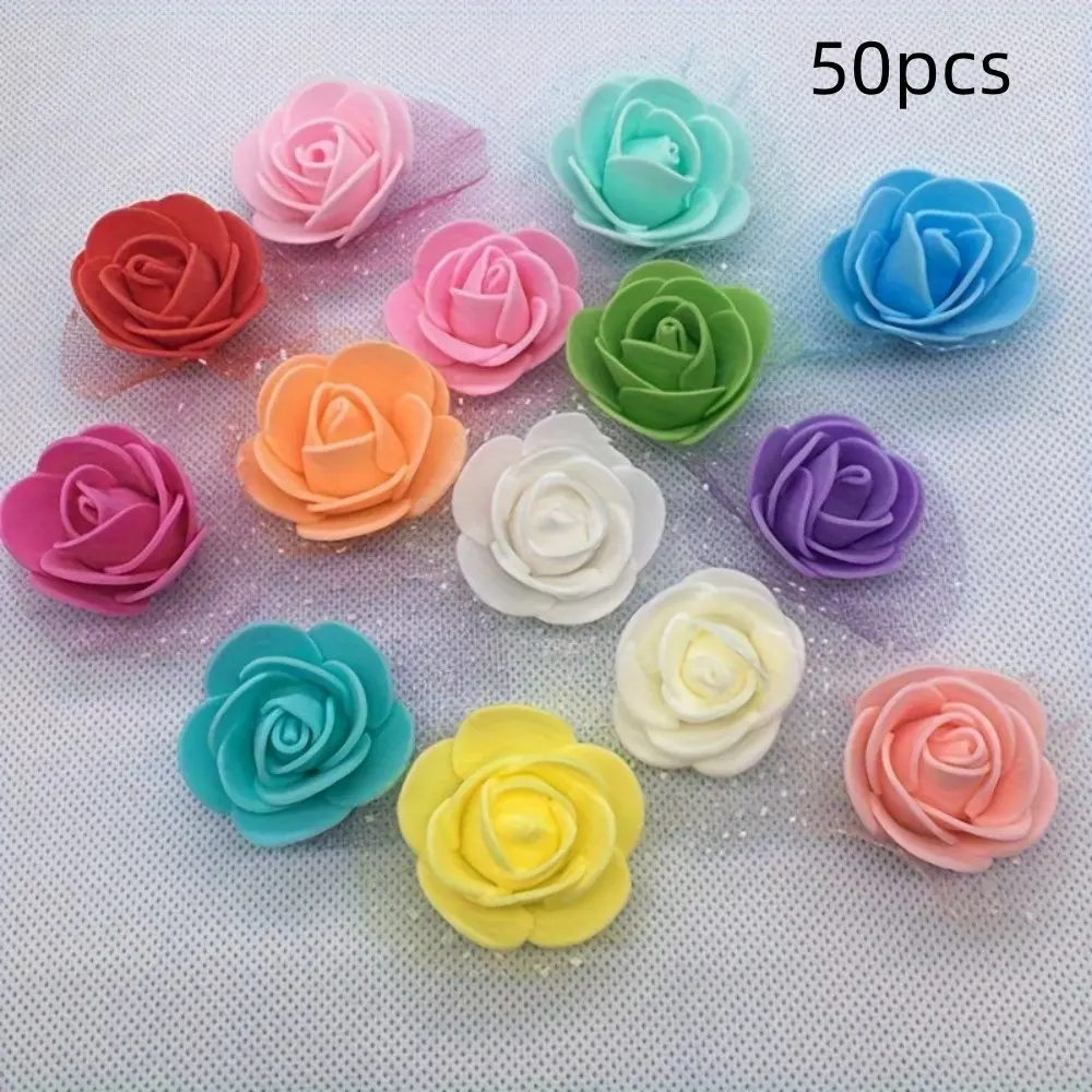 50pcs 3.5cm Realistic Foam Pe Rose Flowers, DIY Bride Flower Craft Supplies, Home Decor Floral Wreath Materials, Artificial Silk Roses, Artificial Flowers Set
