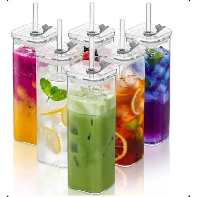 6 Sets Square Drinking Glass Cups, Old Fashioned Glasses, 17 Oz Square Glasses, Clear Highball Modern Glassware Tumbler Mixed Drinkware with Straws for Cocktail Coffee Juice Beer (Square-6PCS)