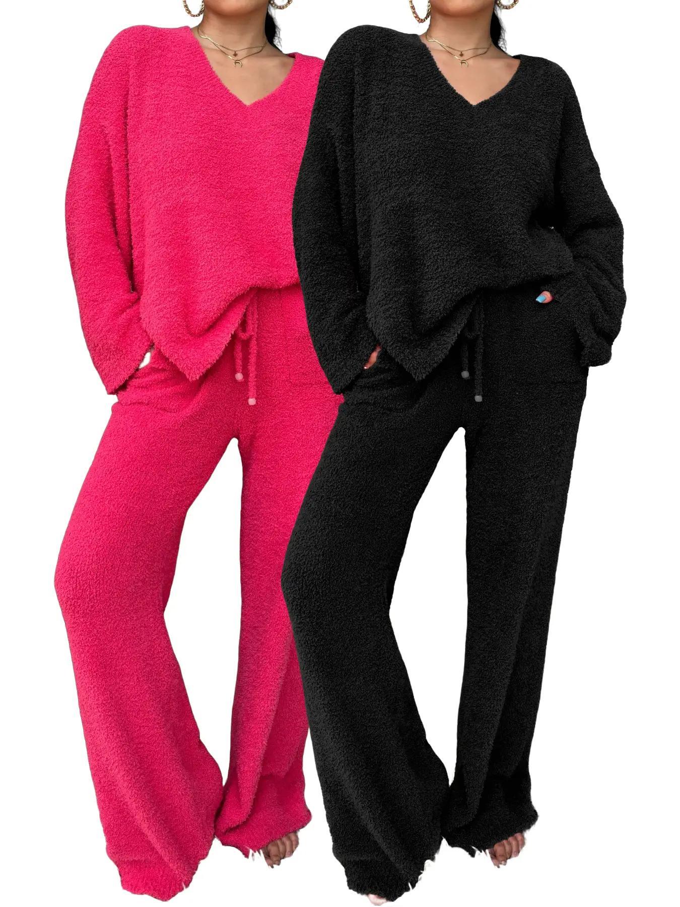 【COZY PAJAMA SET】Women's Solid Split Hem Top & Pocket Pants Plush Pyjama Set, Casual Comfy Long Sleeve V Neck Top & Drawstring Trousers PJ Set, Women's Fluffy Pajamas for Fall & Winter