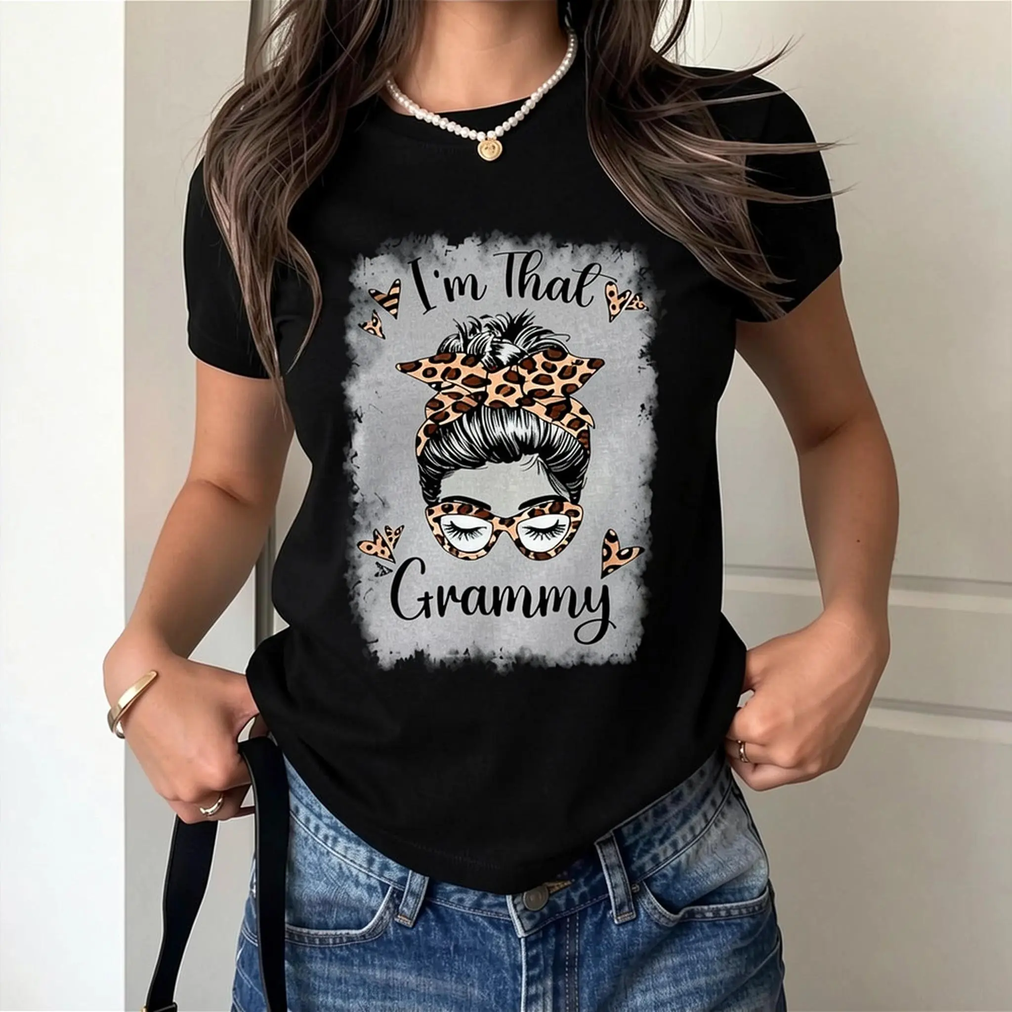 Women's Soft Cotton Short-Sleeve Fitted Pullover Tshirt - Double-Sides Digital Graphic Print, "I'm That Grammy" Funny Grandma Saying, Leopard Print Glasses, Floral Design, Round Neck, Criss Cross Detail, All-Season Casual Halloween Gift