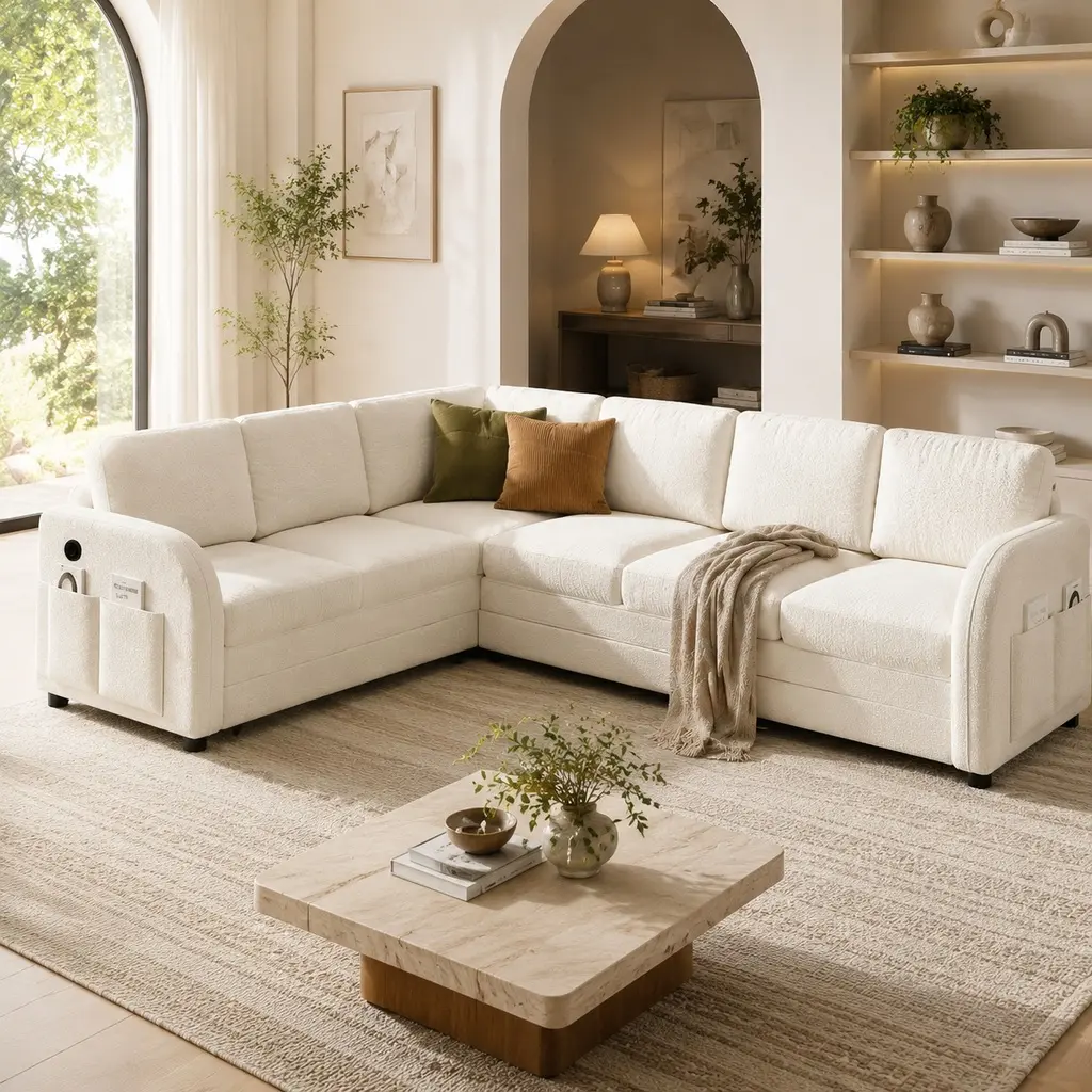 Oversized L-Shaped Sectional Sofa with Pull-Out Bed, Teddy Fabric, USB Ports, Beige White, Left or Right Facing, Modern Living Room Furniture