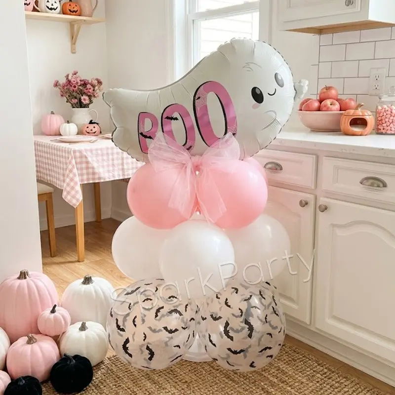 13pcs Halloween Party Decoration Balloon Set, Ghost Boo Balloons, 12-Inch Bat Print Clear Latex Balloons, Pearl Latex Balloons, Cute Halloween