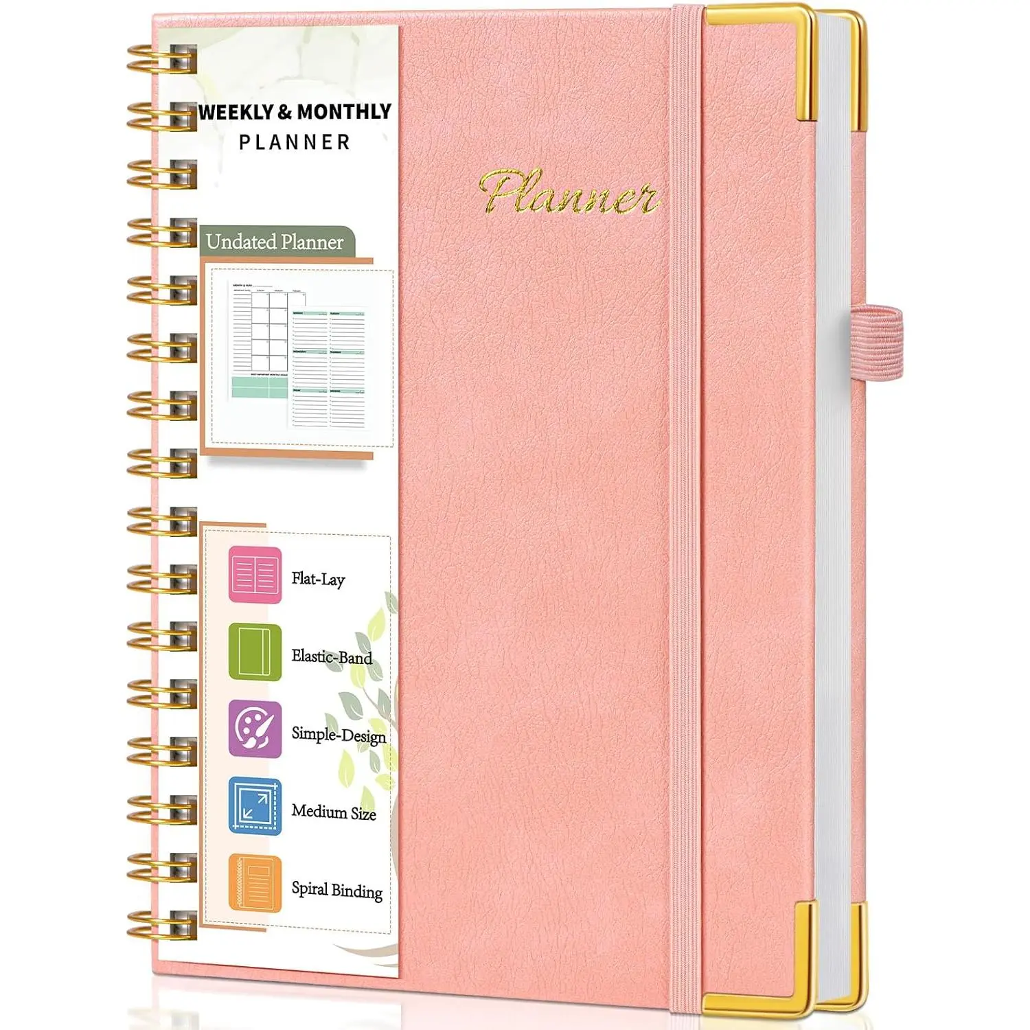 Undated Weekly Planner, Hardcover Leather Weekly & Monthly Calendar Blank Planner,  Notebook with Goal & Habit  Organizer, A5 Daily Planner with Spiral Binding, Ideal for Work School ,