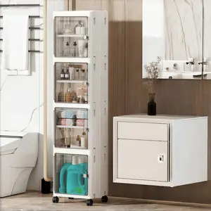 Gap bathroom amenity storage cabinet, large-capacity storage cabinet with wheels, see-through drawer-style toilet paper storage cabinet, top-flap storage area, multi-layer stackable storage box, laundry room household cleaning supplies storage cabinet