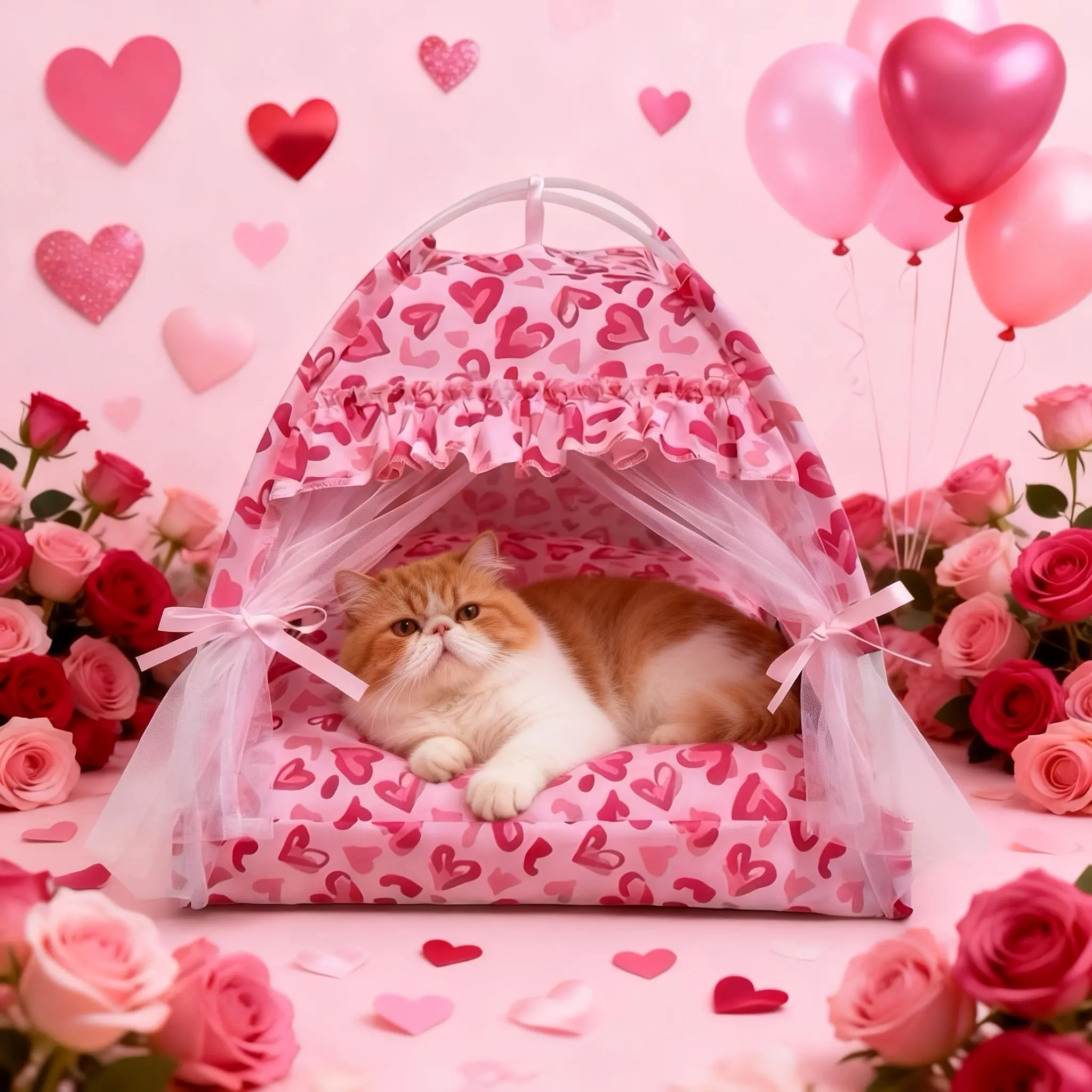 Couple Pet Tent Cat House, Heart Cartoon Pattern, Perfect Holiday Gift, Cozy Cat Shelter, Ideal for Cats and Couples