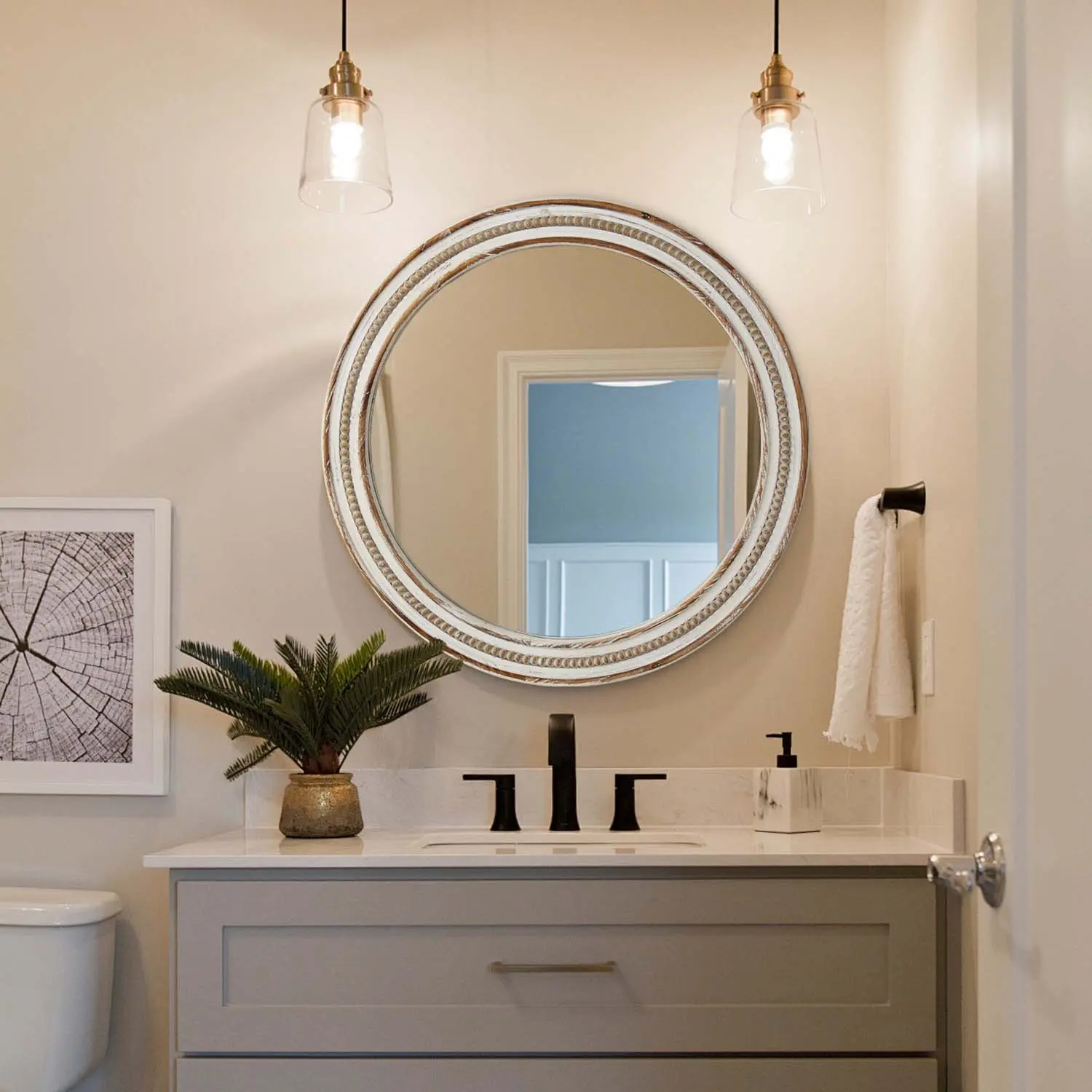 ARCH 35.43 Inch Round Wood Wall Mirror, Rustic Beaded Circle Decorative Mirror for Bedroom, Bathroom, Living Room, Entryway, Antique Natural MDF Glass Wall-Mounted Hanging Mirror for Home Office Farmhouse Decor, Antique Natural Color Options