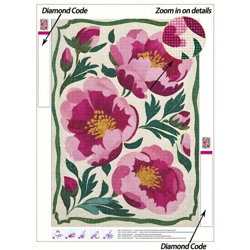 DIY Diamond Painting Kit, Pink Peony Floral Illustration, Vintage Botanical Flower Wall Decor. Perfect for Bedroom & Living Room Hanging, Relaxing DIY Craft, Elegant Holiday Gift for Flower Art Lovers DIY Kits