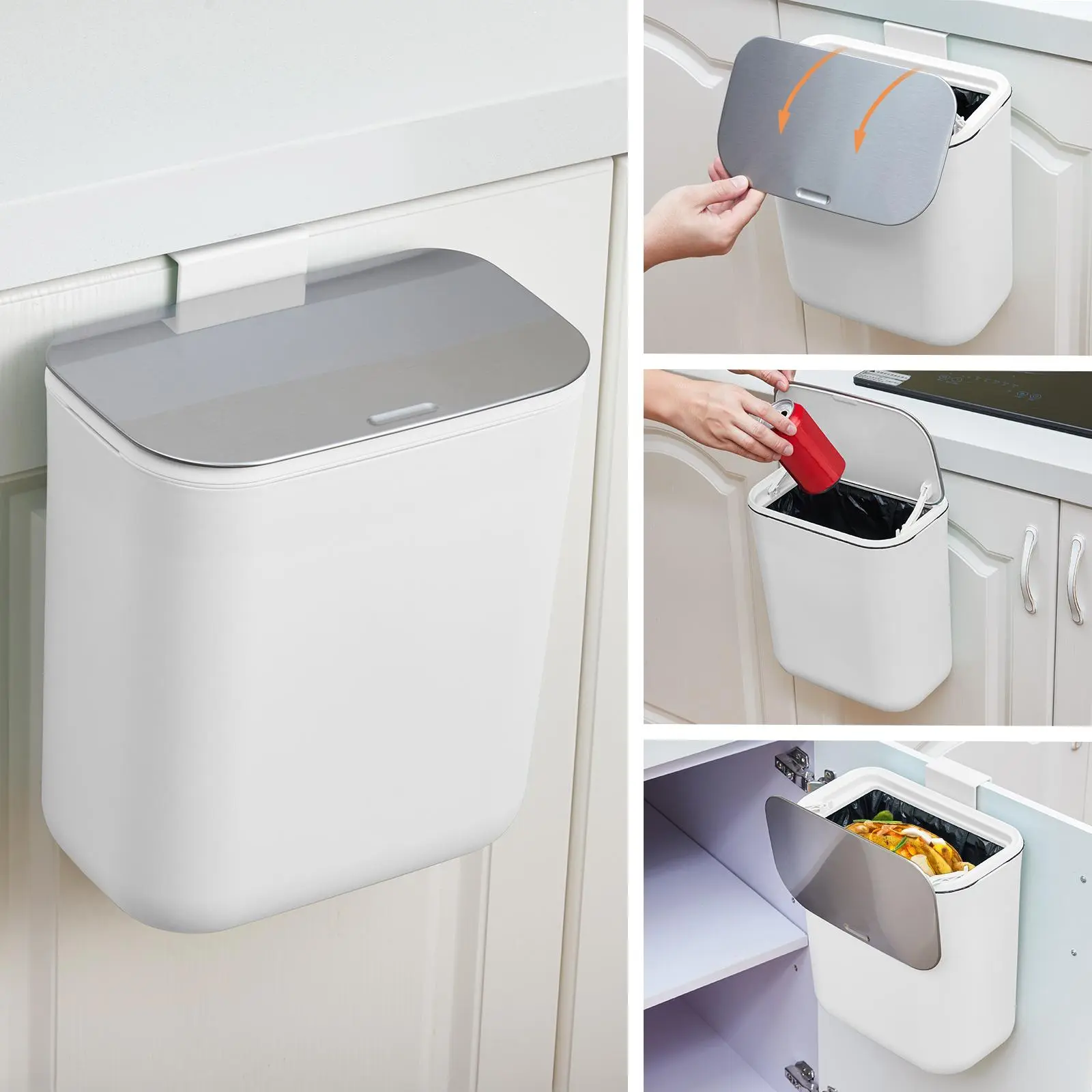 White PP+SS Durable Wall Mount Household Hanging Trash Can - Stainless Steel Odor-Sealing Sliding Lid, No-Drilling Installation, Small Bin with Hooks for Kitchen, Bathroom, Office Cabinet Cleaning Waste Management